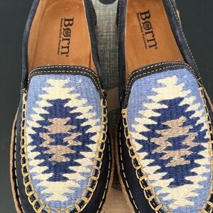 Born Navy and Cream Aztec-patterned Loafers. NIB